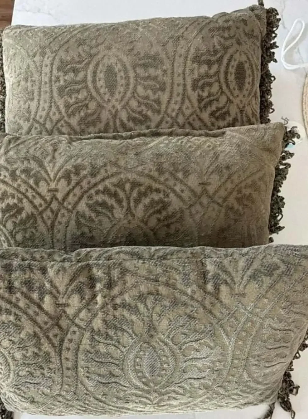 Set of 3 Vintage-Style Damask Chenille Lumbar Throw Pillows with Fringe Trim